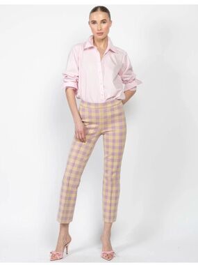High Sport Designer Kick Cropped Gingham Flared Pants Lilac Khaki Size XS